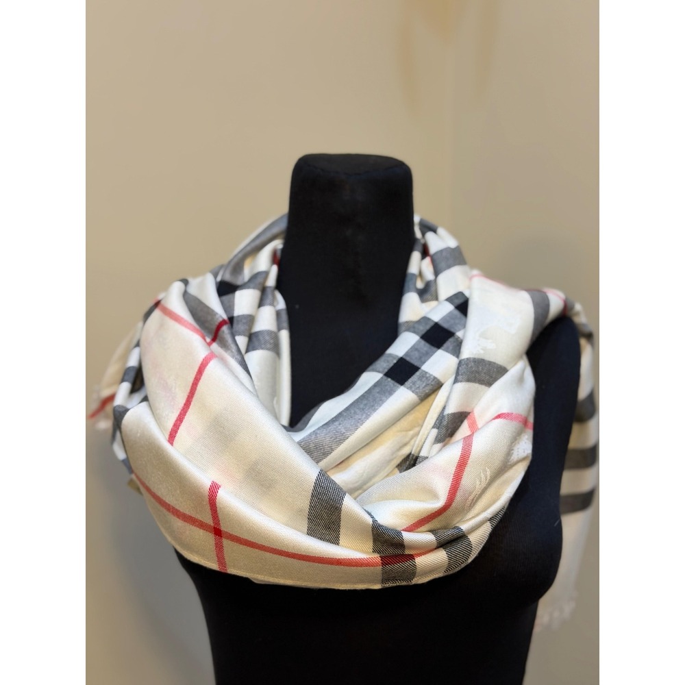Burberry London Cashmere Silk Scarf Cream Plaid Prorsum Knight Logo Wrap
